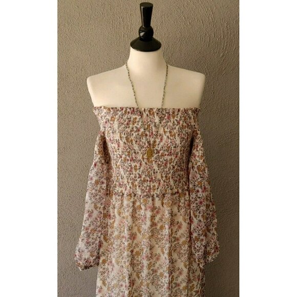 CeCe Abbey Floral Smocked Off-The-Shoulder Maxi Dress Sheer Sleeves Size S - Picture 3 of 5
